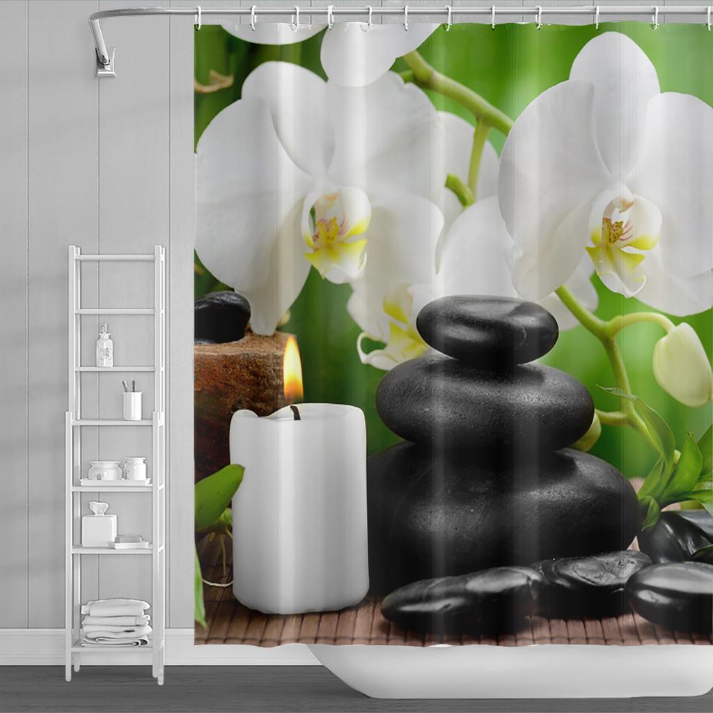 Venkovská krajina Sprchové závěsy Potok Kámen Lotos Buddha Koupelnový závěs Přírodní scenérie Vodotěsná Koupelna Domácí dekorace s háčky