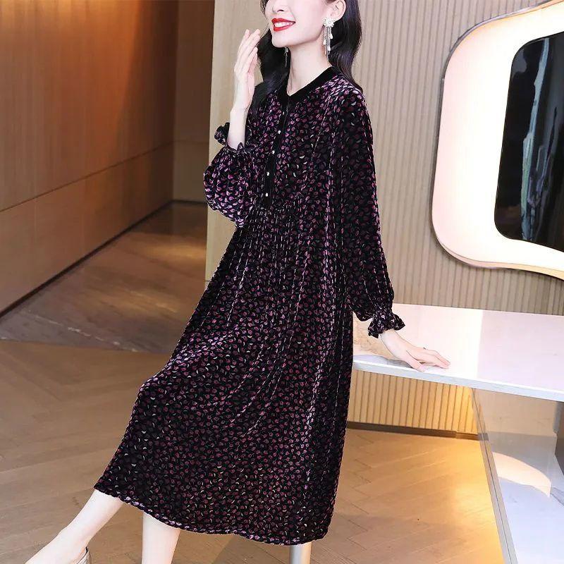 Spring Autumn Women's Plus Size Dress Gold Velvet Polka Dot Print Dress Loose Retro Mid-Length A-Line Dress