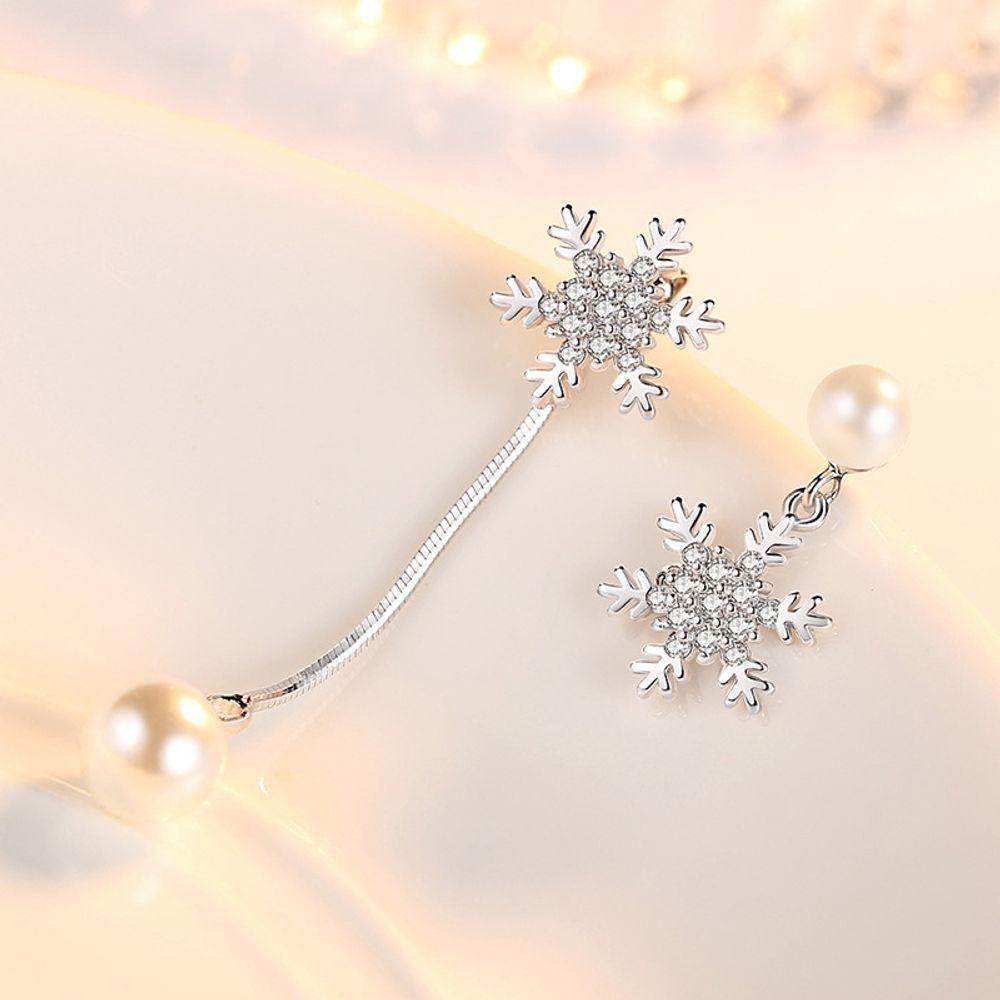 Unbalanced Aaa Grade Snowflake Shell Pearl Snow White Silver Needle Earring