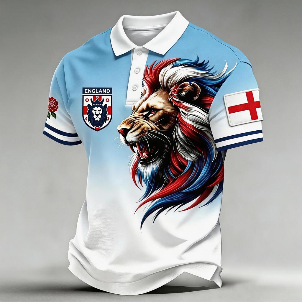 Men's Football Polo Shirt England Inspired Classic Fit Short Sleeve Sports Jersey Breathable Lightweight Fabric