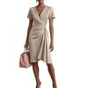 Abito da donna wrap a maniche corte, scollo a V, incrociato sul davanti, vita stretta, lunghezza al ginocchio, elegante abito da ufficio