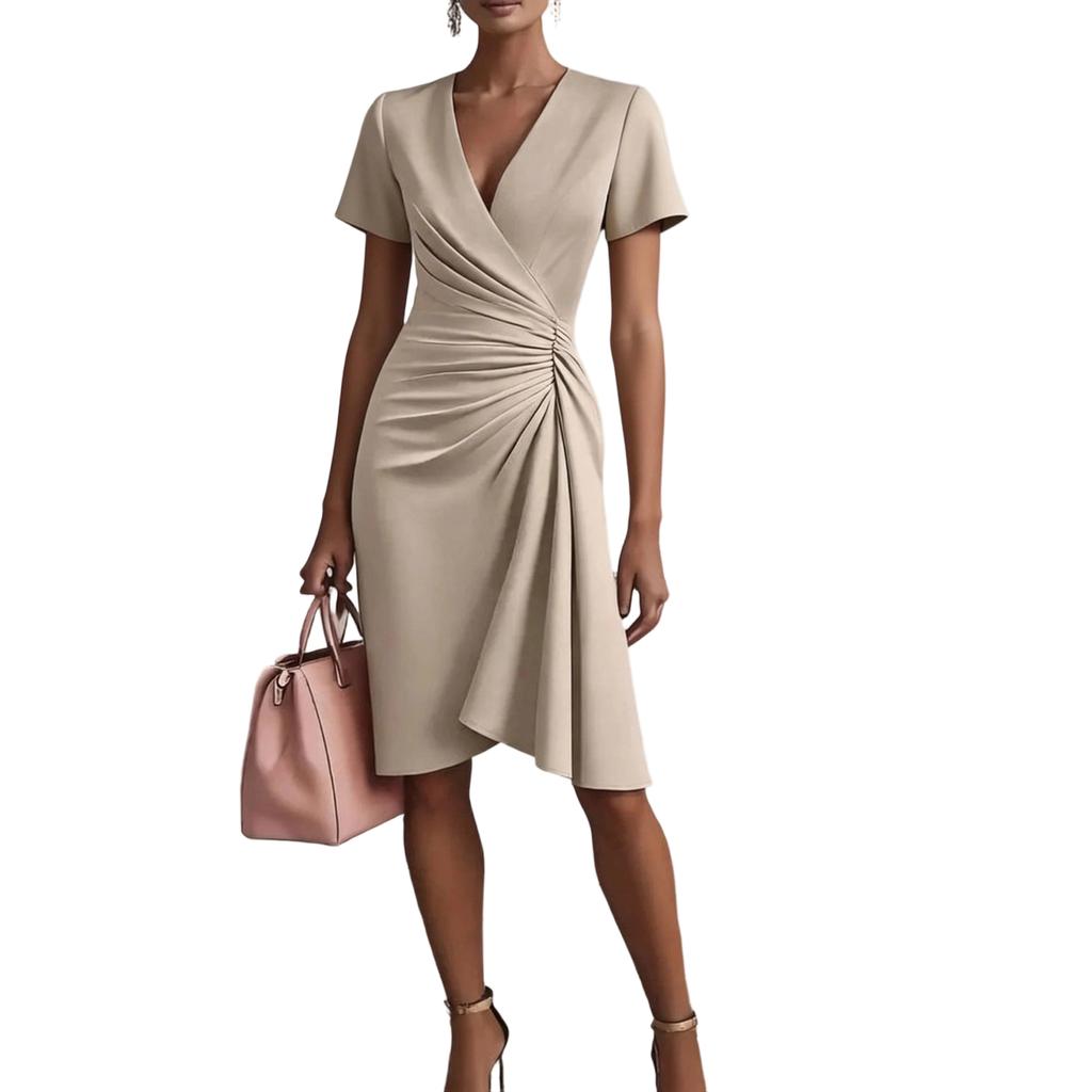 Abito da donna wrap a maniche corte, scollo a V, incrociato sul davanti, vita stretta, lunghezza al ginocchio, elegante abito da ufficio