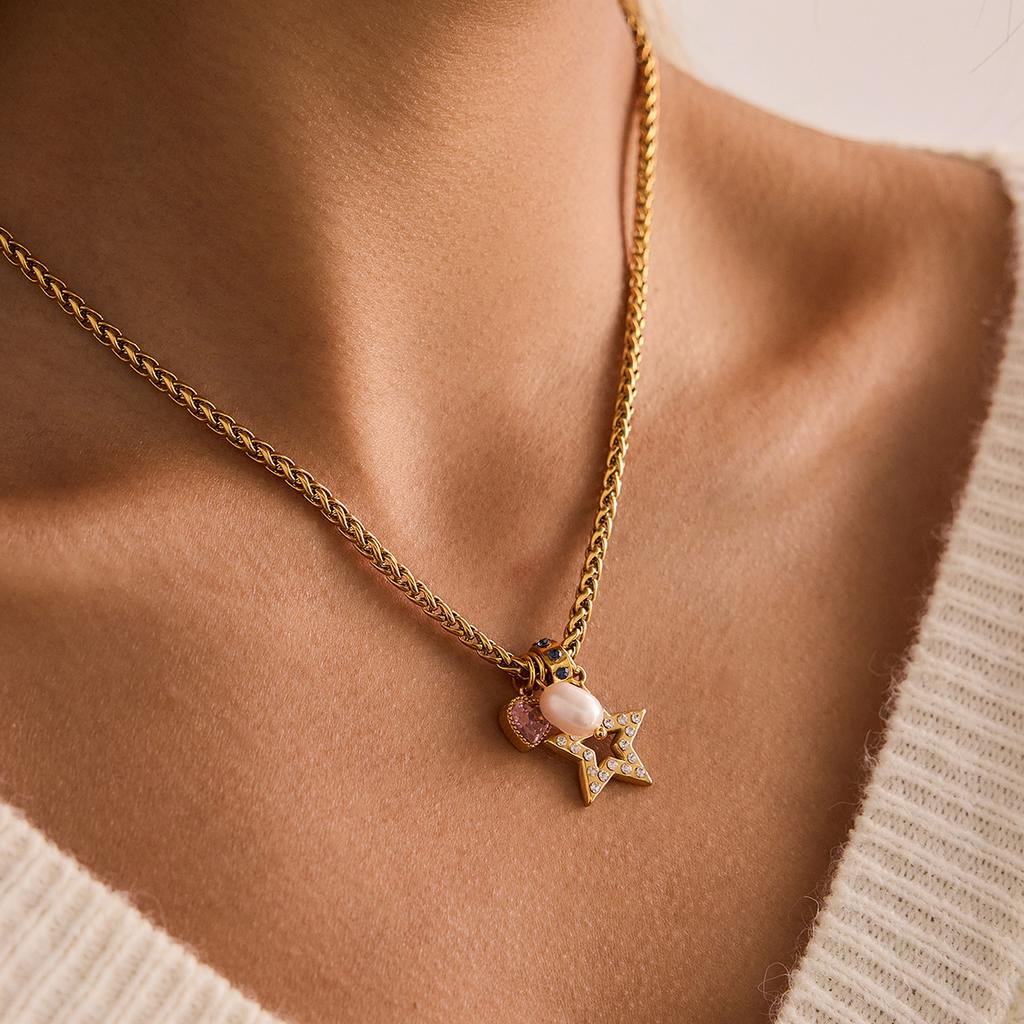 Fashion Pink Heart CZ Pearl Star Stainless Steel 18K Gold Plated Classic Statement Wheat Chain Necklace Gift for Women Daily