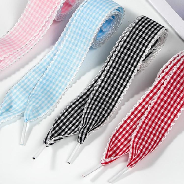 Gingham Ribbon Shoelaces with Lace Trim for Trainers and Canvas Pairs, Flat Decorative Laces for Daily Styling