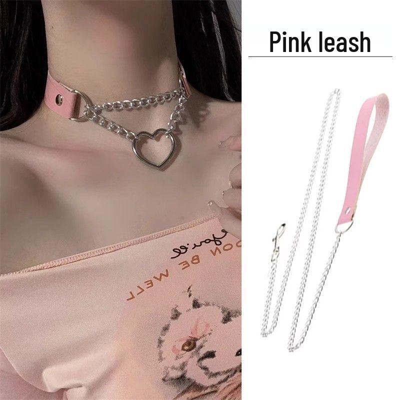 Maid Cosplay Black PU Heart Choker Necklace with Traction Chain