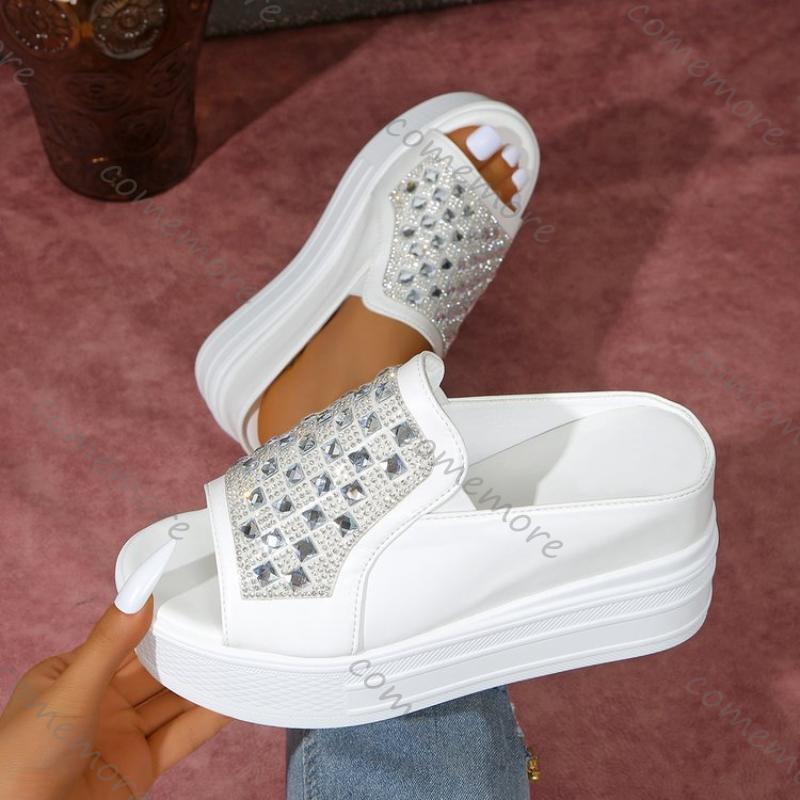 Fashion Comemore Summer Women Platform Wedges Slippers White Peep Toe Outside Wear Rhinestone Slides Women's Shoes High Heeled Sandals