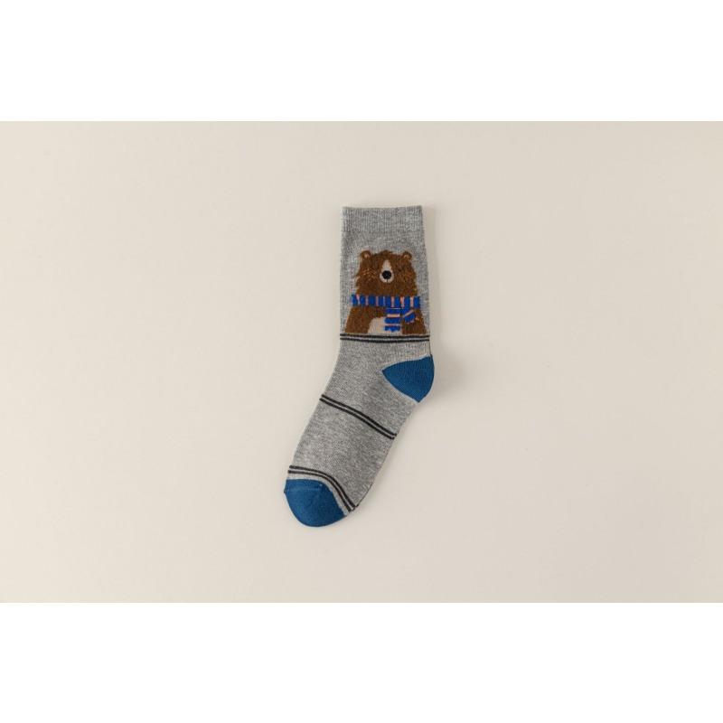 Autumn and Winter Comic Animals, Cute Cartoon, Retro Plush Illustrations, Color-blocking Mid-calf Women's Socks, School-style Pile Socks