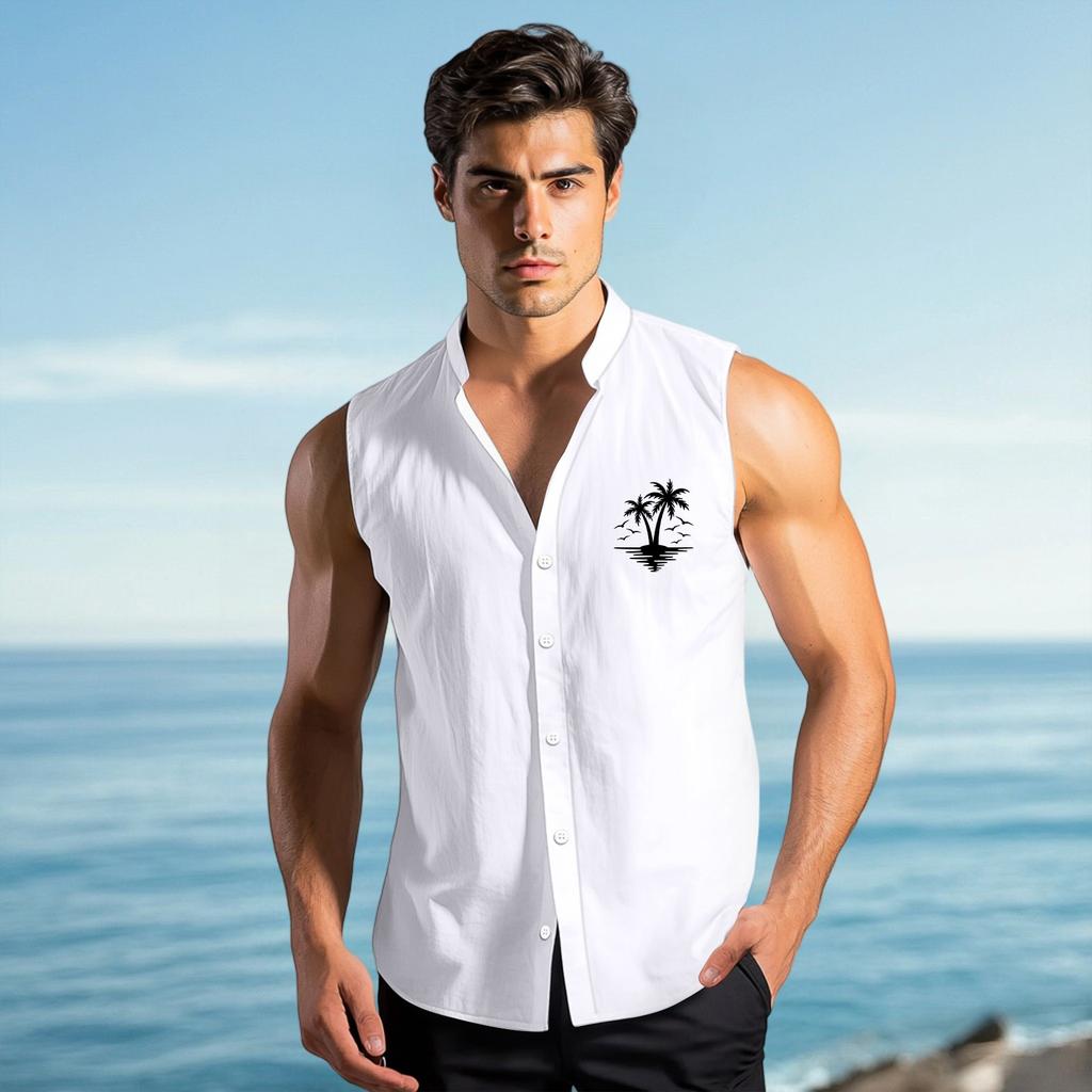 Men's Fashion Printed Sleeveless Lapel Button-Down Shirt Vest Top