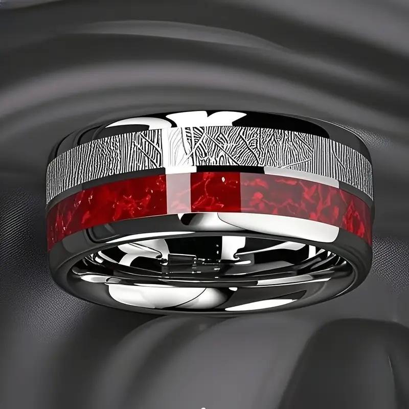 Two-Tone Stainless Steel Ring: Silver & Red Textured Minimalist Design