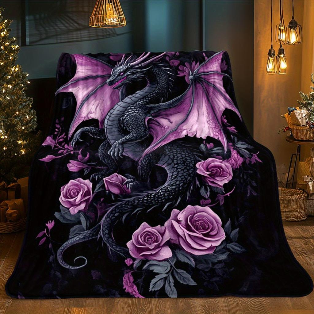 Coperta in Flanella Drago Viola Rose, Stampa HD Design Contemporaneo per Divano Letto, Floreale Vivace Regalo, Arredo Accogliente per Tutte le Stagioni