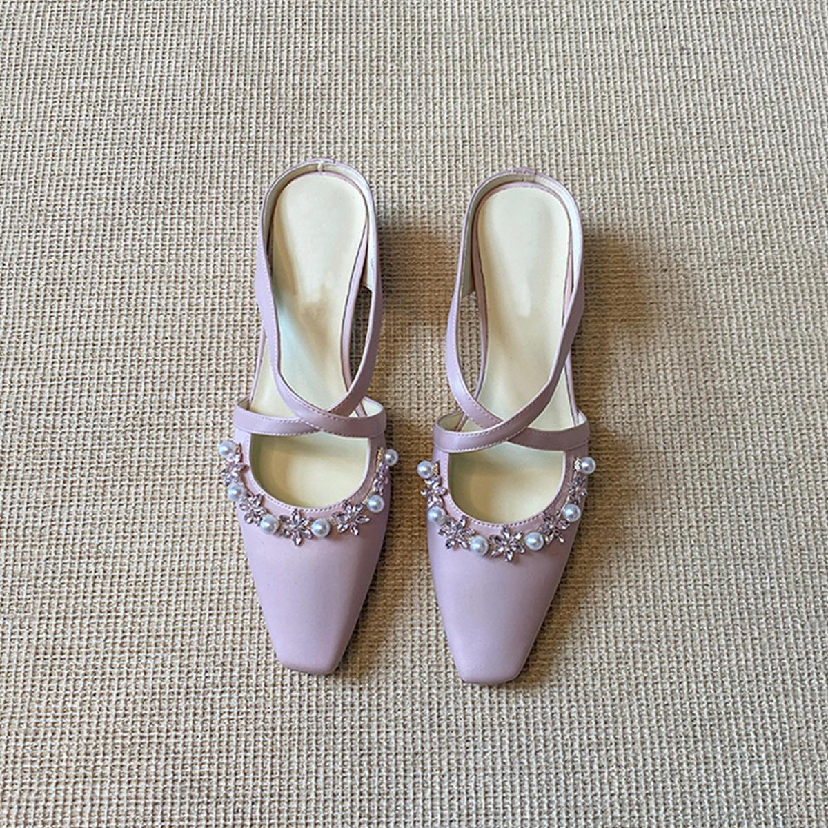 

French gentle temperament pearl rhinestone half slippers women s versatile inner height increase cross with bag head sandals 40