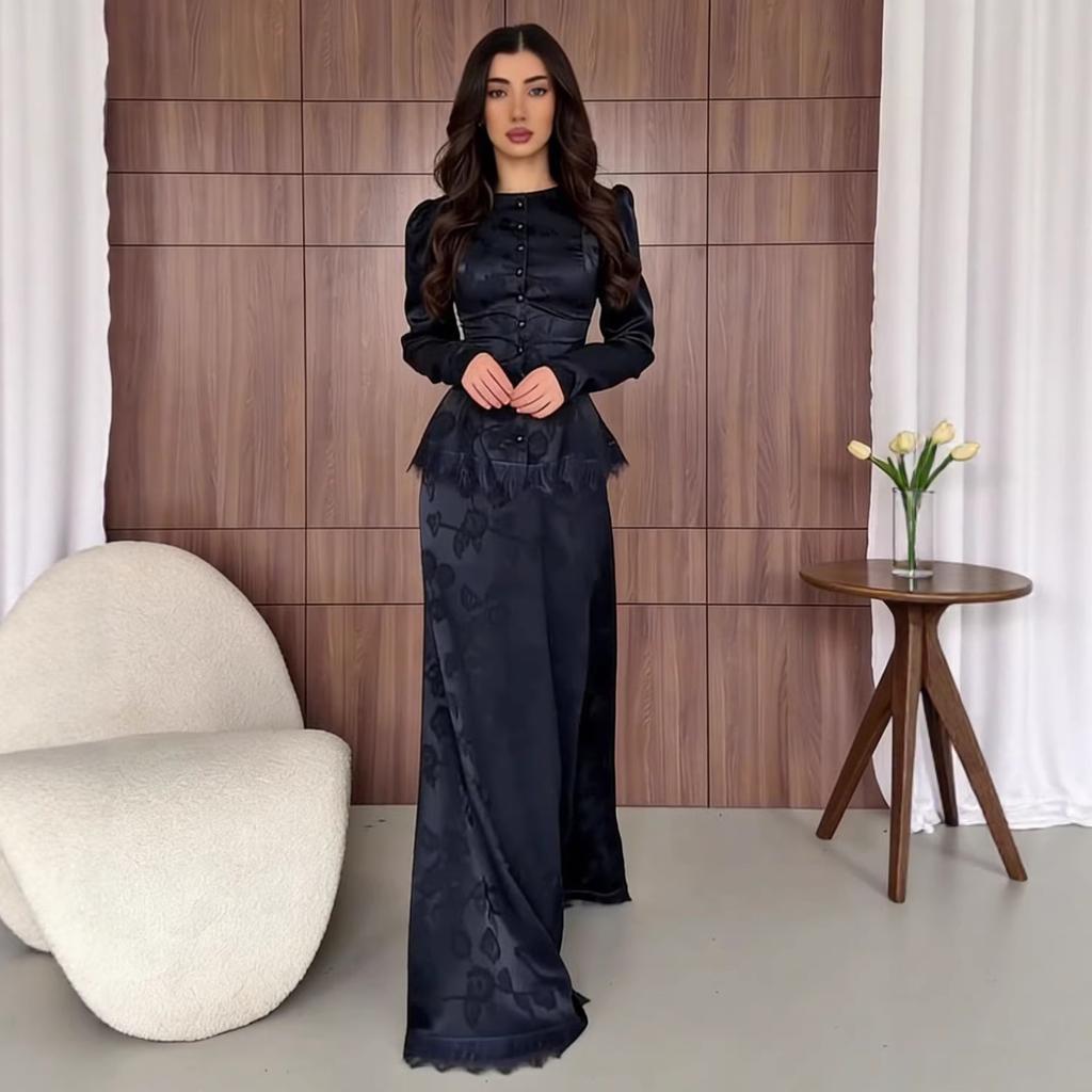 Spring and Autumn New European, American, Amazon Cross-border Solid Color Short Top Long Skirt Small Black Skirt Two-piece Set