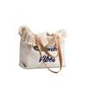 Korean Canvas Embroidered Tote: Versatile Women's Woven Beach Handbag with Tassel