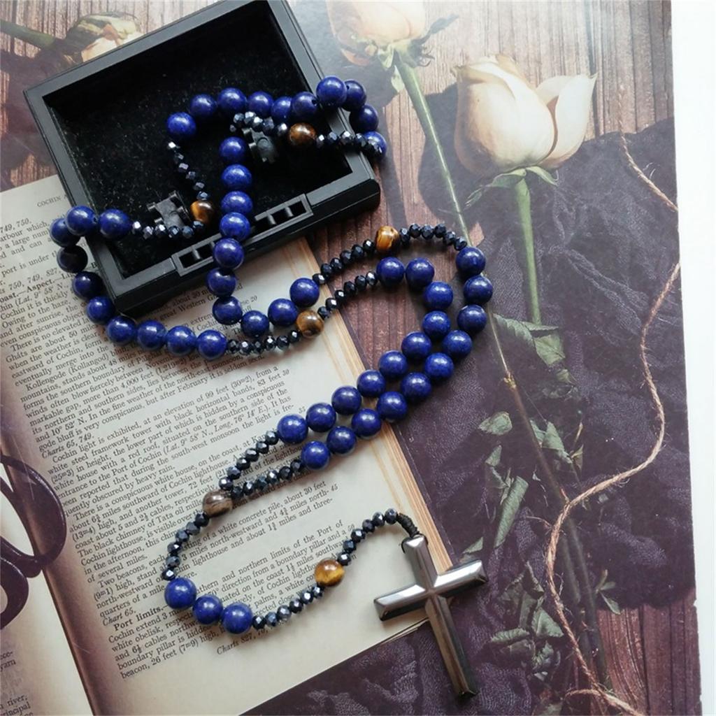 Blue Stone Beads Cross Necklace A Must Have for Jewelry Collectors and Fashion Enthusiasts Religious Necklace