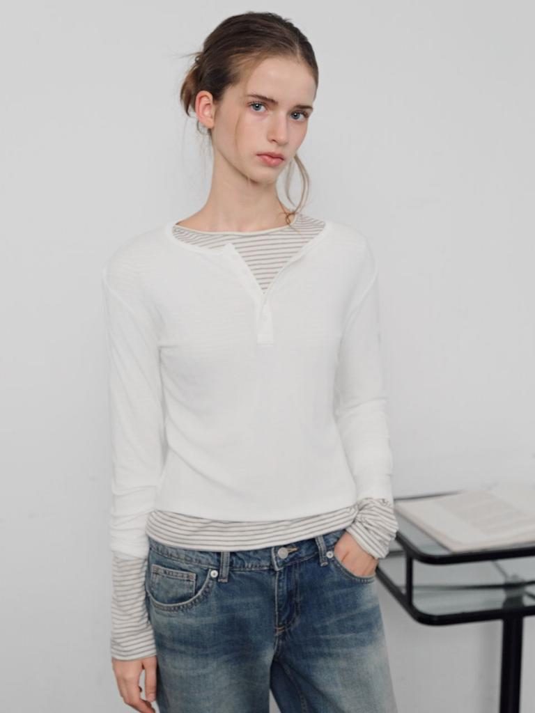 WAVE UNION Soft Rib Henley Longsleeve Top White