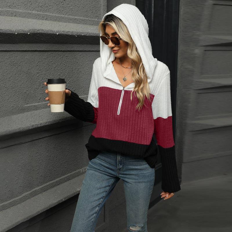 New Loose Color Splicing Zipper Hooded Long Sleeved Blouse Autumn and Winter Top Women Casual Simple Fashion Elegant Office Women's Clothing