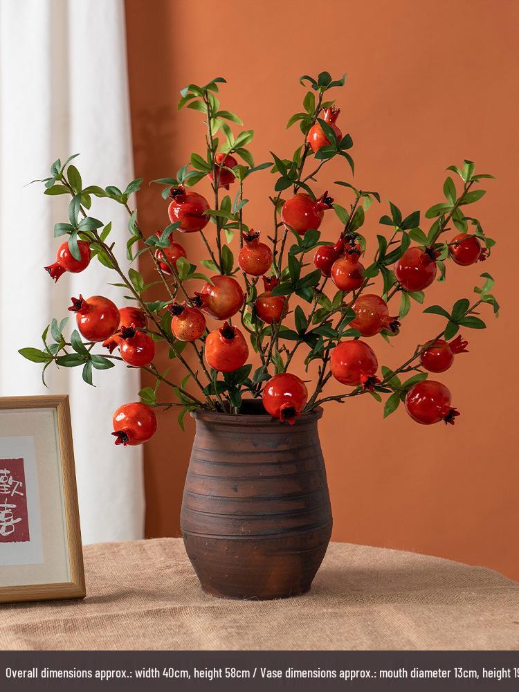 High-End Artificial Pomegranate Flower & Fruit Tree Branch Arrangement for Living Room or Dining Table Decor.