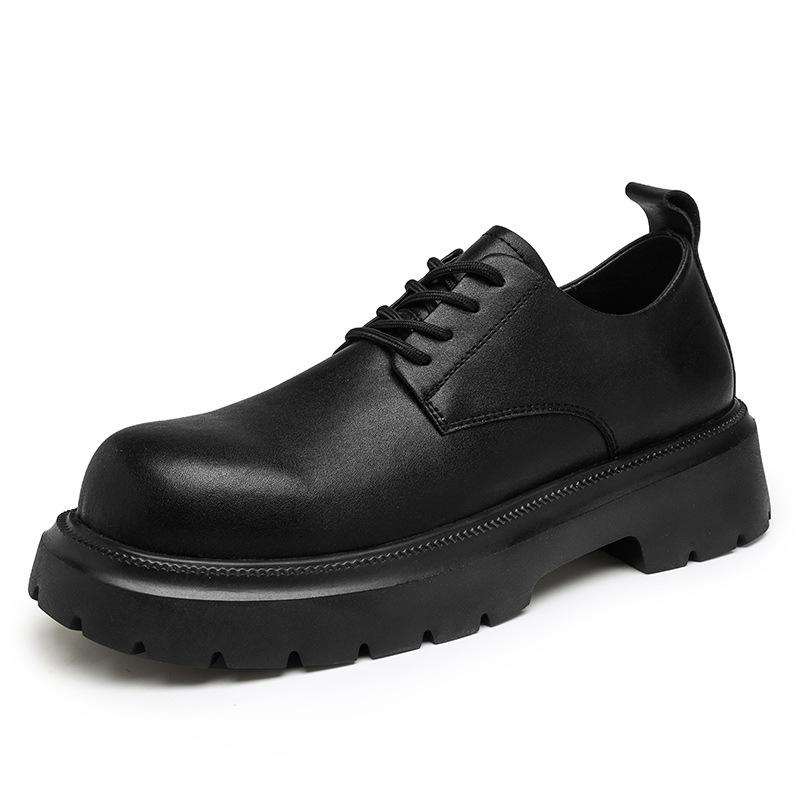 Derby Shoes Men's High-end Sense New Thick-soled Heightened Cowhide Leather Surface Casual Shoes Trendy Commuter Black Big Head Shoes