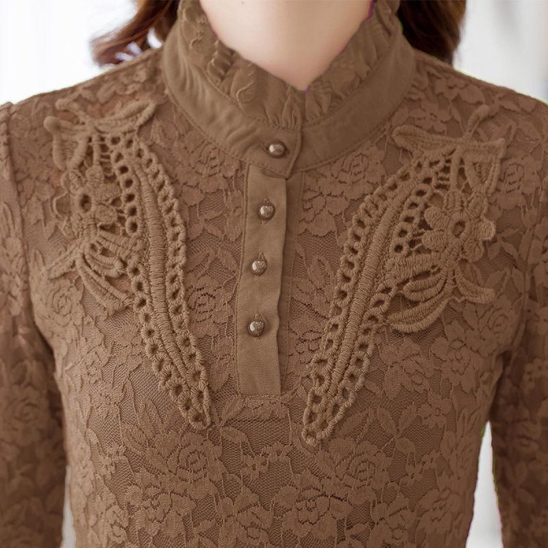 Women's Shirt with Thick Velvet Lining and Bottom Layer Slim Fit Long Sleeved Plus Size Top Lace Shirt