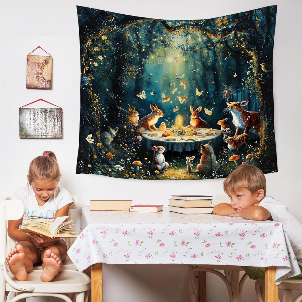 Enchanted Forest Tapestry, Fantasy Woods Tapestry Wall Hanging, Magical Wildflower Forest Animal Wall Blanket Decor For Home