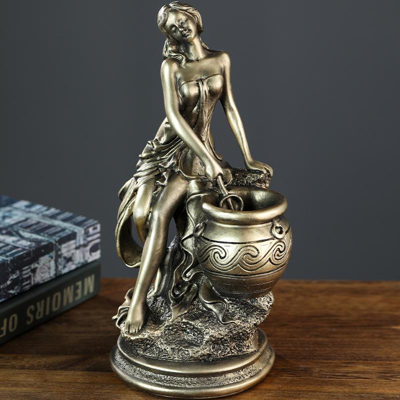 Nordic Goddess Statue Retro Imitation Copper Figure Resin Sculpture Home Aesthetic Decoration Bookshelf Desktop Art Ornaments