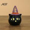 Small Ceramic Halloween Figurine Tealight Holder, Lighted Ghost Pumpkin with Cute Room Decoration Witch Hat, Tiered Tray Tabletop Decor for