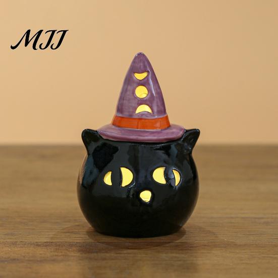 Small Ceramic Halloween Figurine Tealight Holder, Lighted Ghost Pumpkin with Cute Room Decoration Witch Hat, Tiered Tray Tabletop Decor for