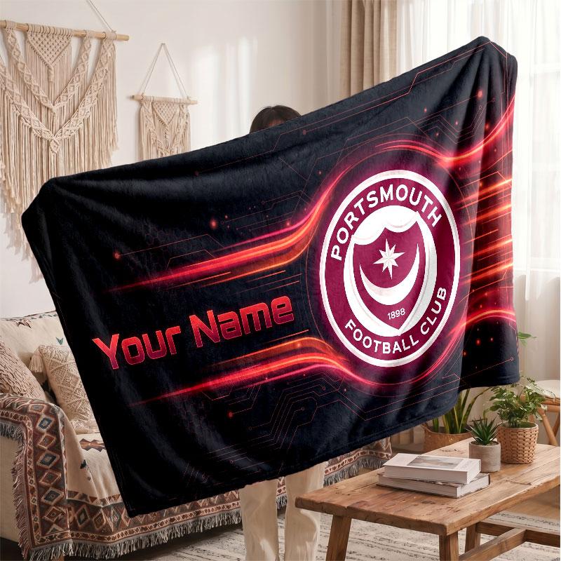 Portsmouth FC Personalized Fleece Blanket With Football Logo, Custom Name Text Soft Warm Home Throw Blanket