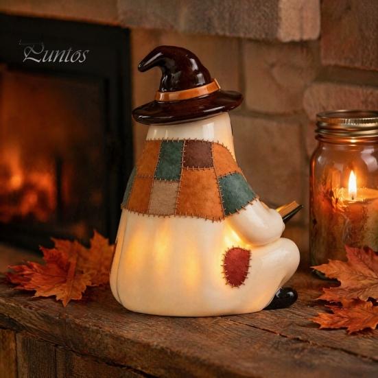 Regali Autunnali Unici Statuetta Fantasma Patchwork Vintage, Statua Carina da Lettura Illuminata a LED, Statua di Halloween Decorazione Spettrale in Resina per Tavolino Scaffale
