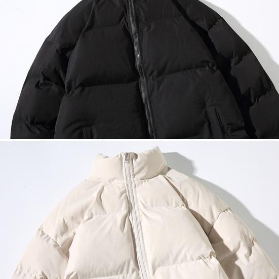 Men Cotton Coat Stand Collar Long Sleeve Solid Color Loose Fit Coat with Pockets Thickened Warm Quilted Outwear