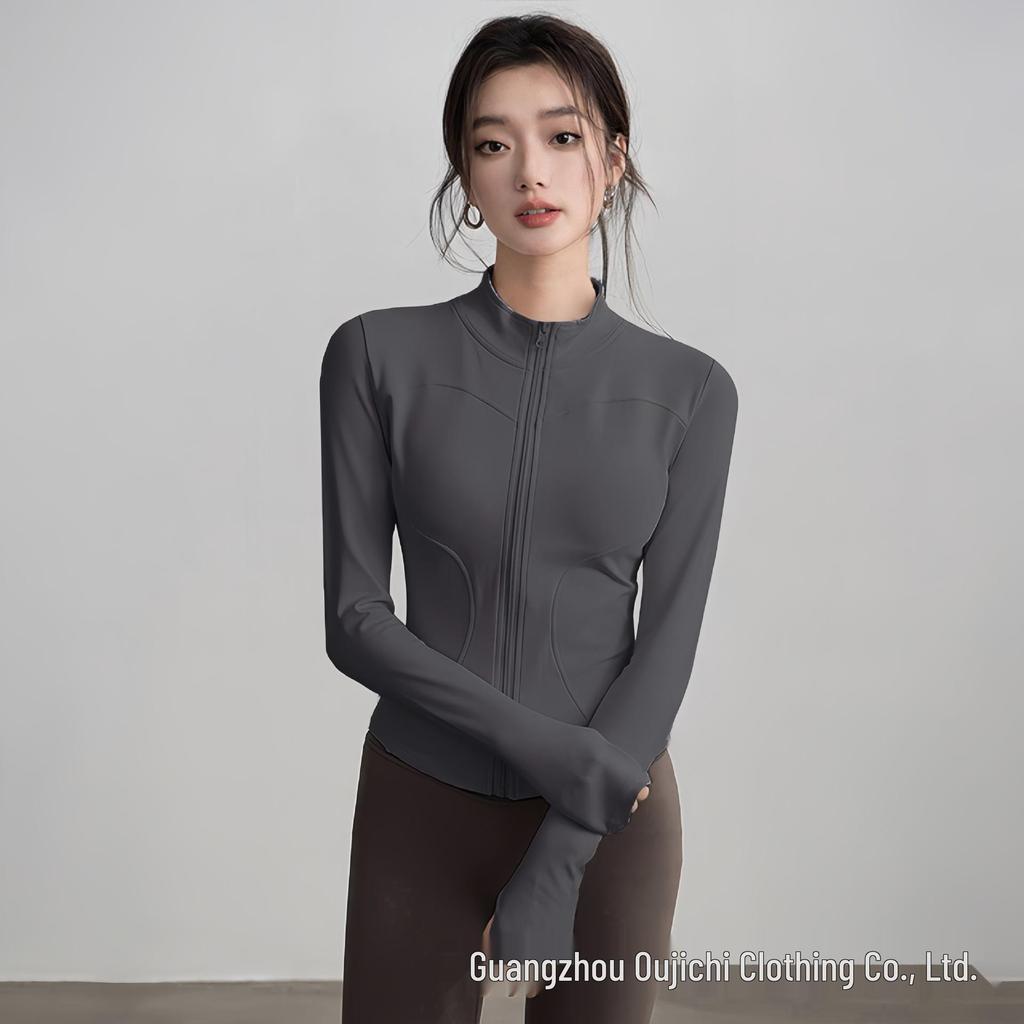 Women's Slim-Fit High Collar Yoga Jacket - Long Sleeve Knit Top for Outdoor Fitness