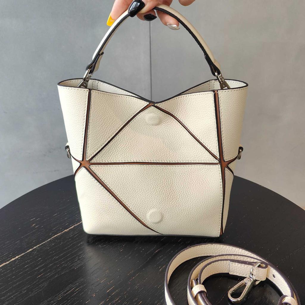 Leather Niche Design Bucket Bag  New Shoulder Messenger Bag Premium Geometric Splicing Commuter Women's Bag