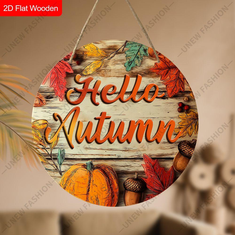 Hello Autumn Pumpkin Acorn Maple Leaf Round Wooden Hanging Sign, 2D Flat Printed Fall Front Door Decor, Vintage Farmhouse Autumn Wall Ornament Gift