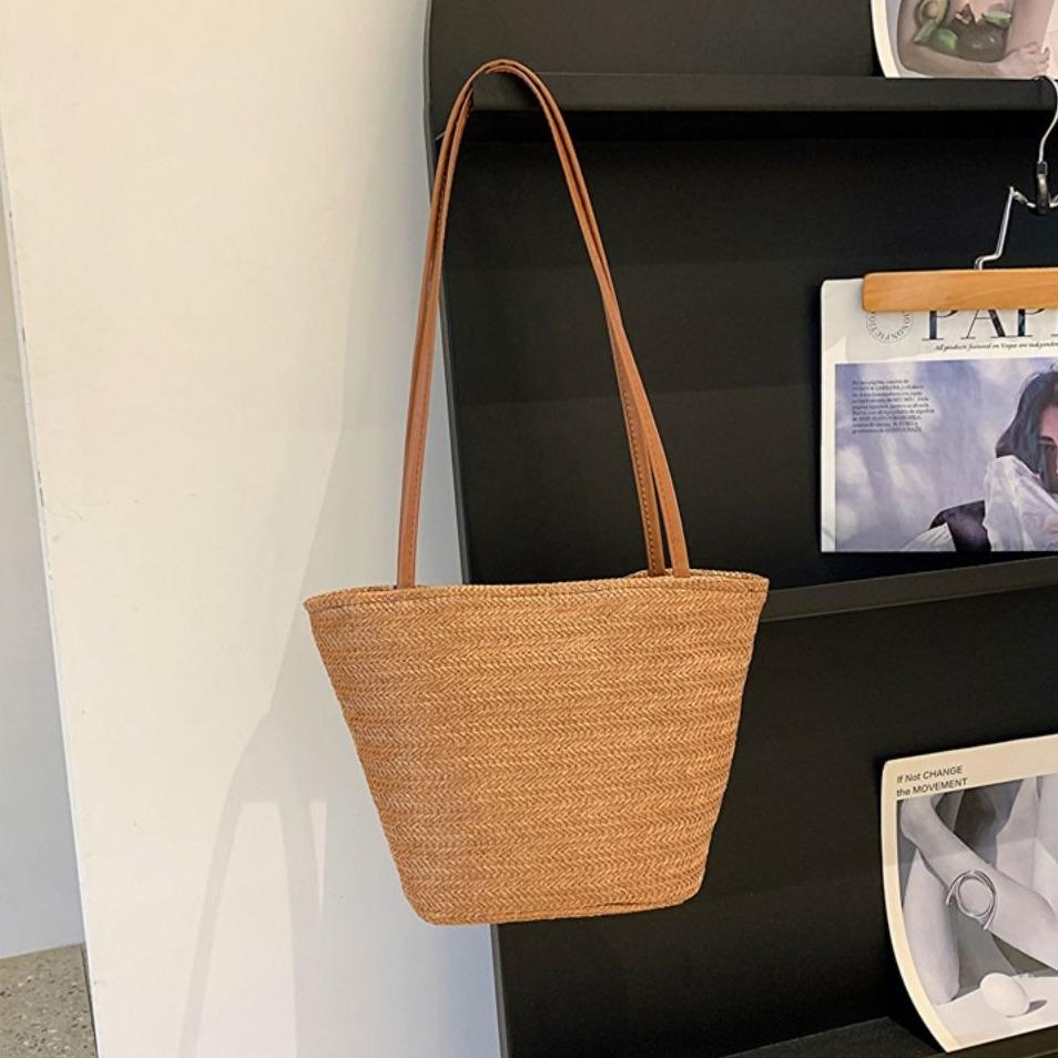 Large Capacity Straw Bucket Bag Solid Color Shoulder Bag Fashion Summer Beach Tote  Girls