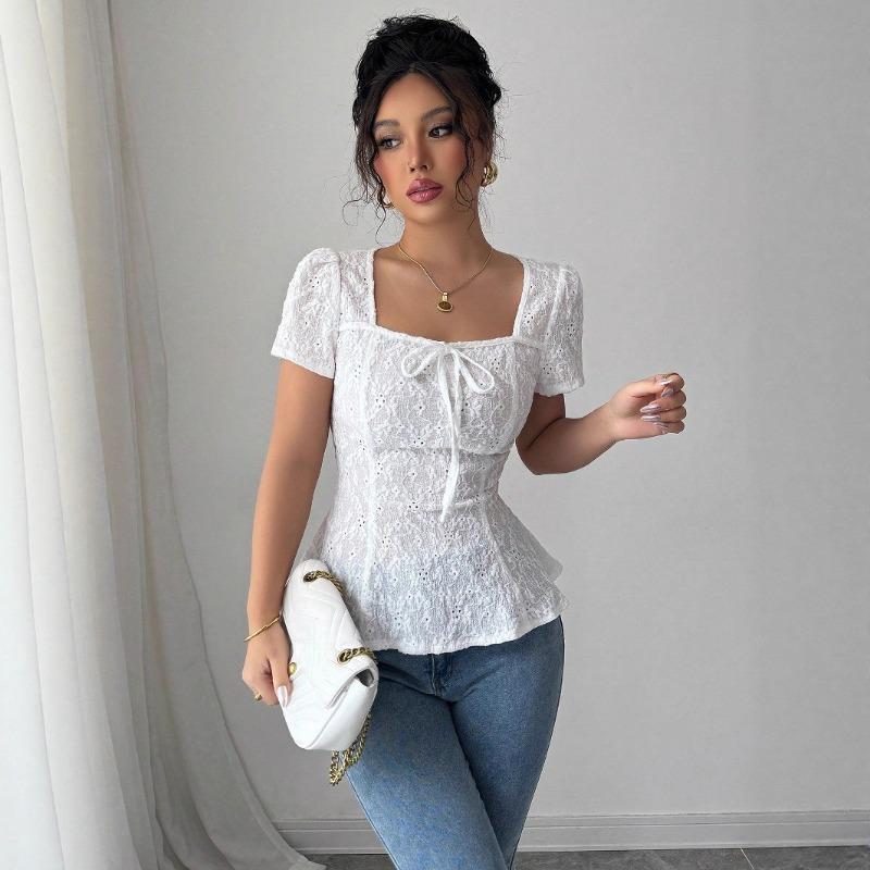 Women's Summer Fashion Elegant Casual Lace Shirt Square Neck Bow Short Sleeve Top