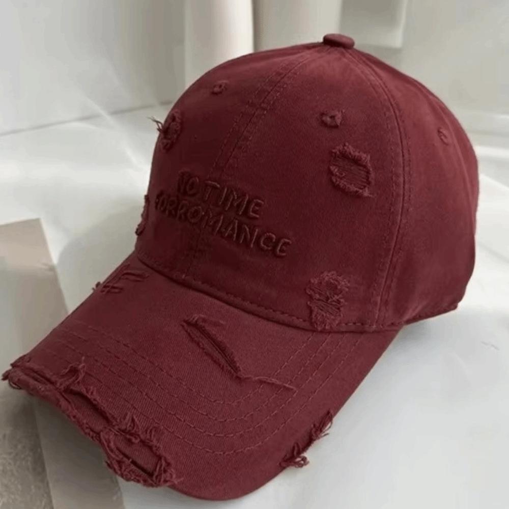 Adjustable Ripped Baseball Cap Korean Alphabet Embroidery Letter Baseball Hat Vintage Washed Cotton Holes Peaked Cap Streetwear