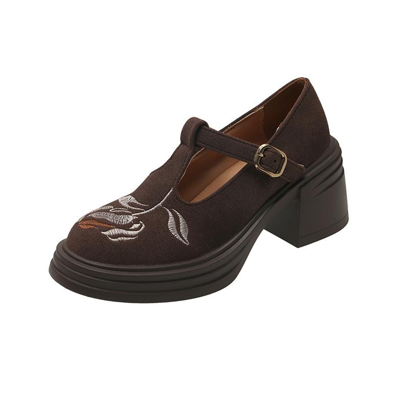 Fashion Mid Heels Women Chunky Shoes Embroidery Retro Sandals Summer Fad Heeled Loafer Shoes 2025 New Suede Casual Zapatillas De Mujer