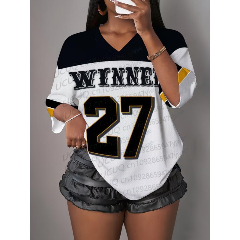 

Women s NO.27 Winner Print V-Neck Short Sleeve Casual T-Shirt Summer Graphic Tee Jerseys Plus Size Sport T-Shirt XL