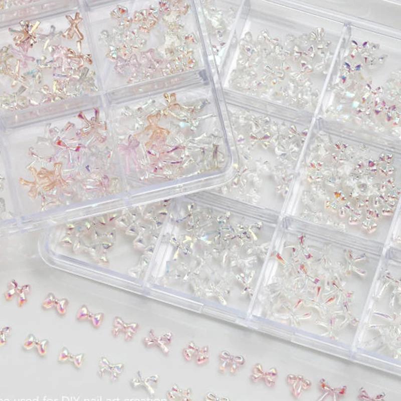 12Grids/Box Mixed Resin Bowknot Tie Ballet Ribbon Nail Charms 3D Colorful Kawaii Rhinestone Nail Art Decorations DIY Manicure
