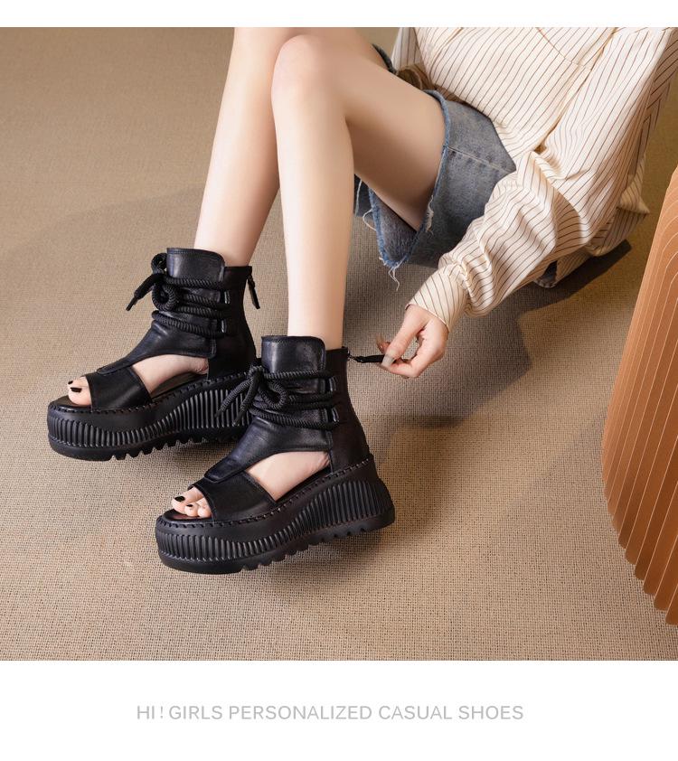 Women's 2025 Summer Trendy Platform Wedge Sandals - Genuine Leather, Fish Mouth Design, Thick Sole, Roman Style
