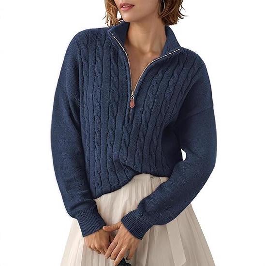 Women's Half-High Collar Zipper Ribbed Knit Pullover Sweater, Short-Sleeve, Loose Fit, 2025 Autumn/Winter Collection.