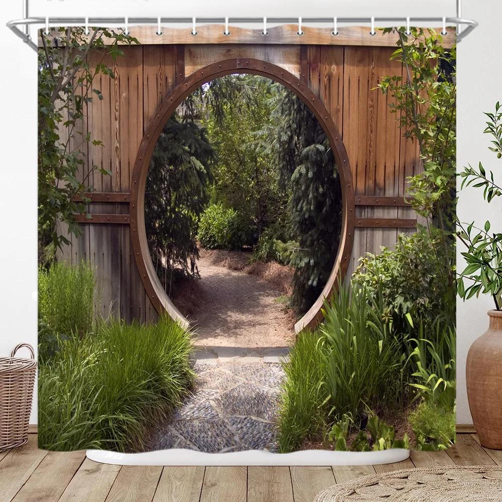 Window Outside Forest Bridge Spring Landscape Creativity Shower Curtain Zen Stone Tree Building Scenery Cloth Curtains With Ho