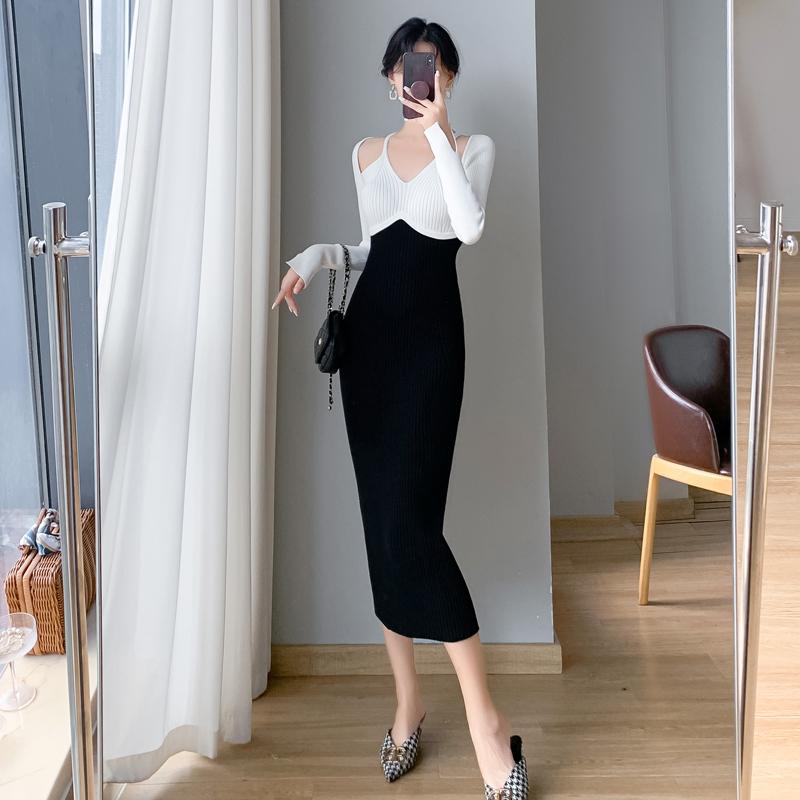 Французское винтажное хип-хоп трикотажное длинное платье женское осенне-зимнее элегантное — фото 11