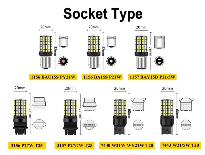 2PCS 1156 BA15S P21W BAU15S PY21W 7440 W21W P21/5W 1157 BAY15D 7443 3157 LED Bulbs 144smd CanBus Lamp Reverse Turn Signal Light