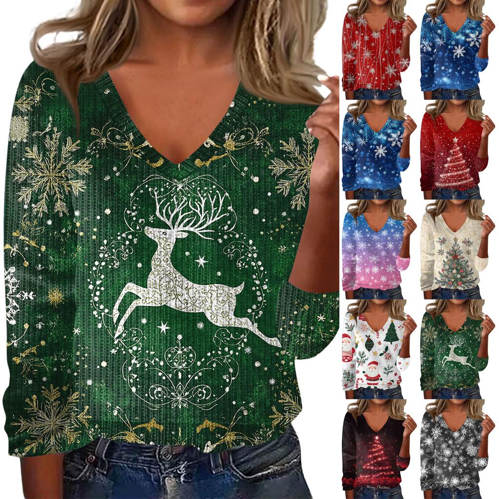 Women's Cute Sweatshirt Knitted Fashion Casual V-neck Long-sleeved Cozy Print Top