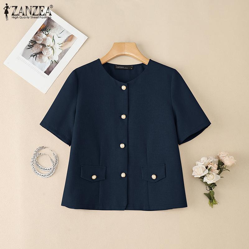 ZANZEA Lässige Damenbluse mit Rundhalsausschnitt und kurzen Ärmeln für den Sommer