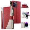 For iPhone 14 Pro Max Case Zipper Pocket Wallet Color Splicing Leather Flip Phone Cover with Straps