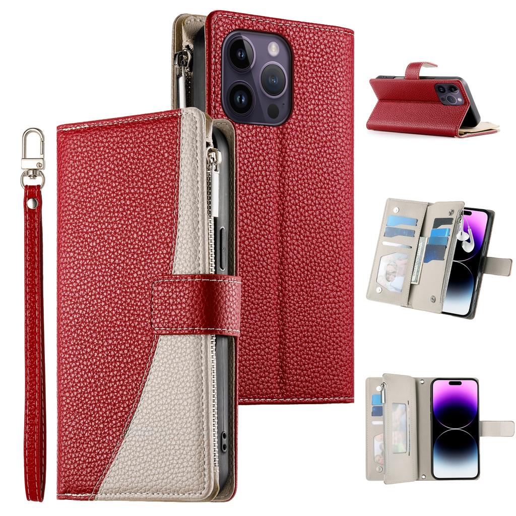 For iPhone 14 Pro Max Case Zipper Pocket Wallet Color Splicing Leather Flip Phone Cover with Straps