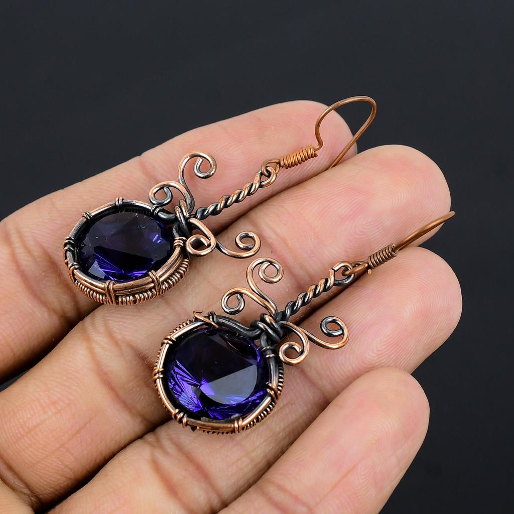 Iolite Earrings, 999 Copper Wire Wrapped Earrings Handmade Gemstone Jewelry, Gifts For Wife Brand New Earrings