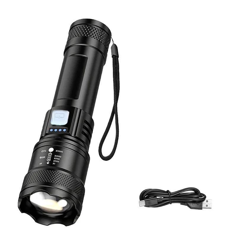Leistungsstarke LED Taschenlampe Batterieanzeige USB Wiederaufladbares Licht Teleskopzoom Taschenlampe Lampe Outdoor Camping Angeln Laterne